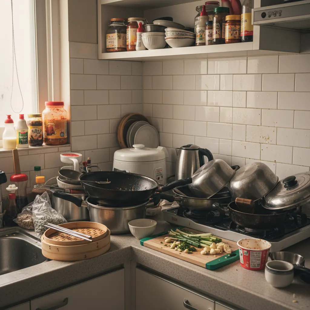 정리 전 복잡한 주방