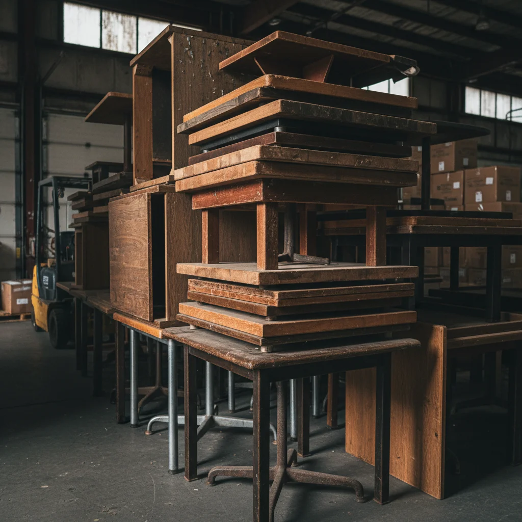 창고에 쌓인 다양한 중고 테이블
