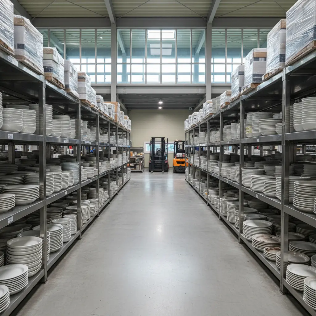 깔끔하게 정리된 중고 그릇 창고