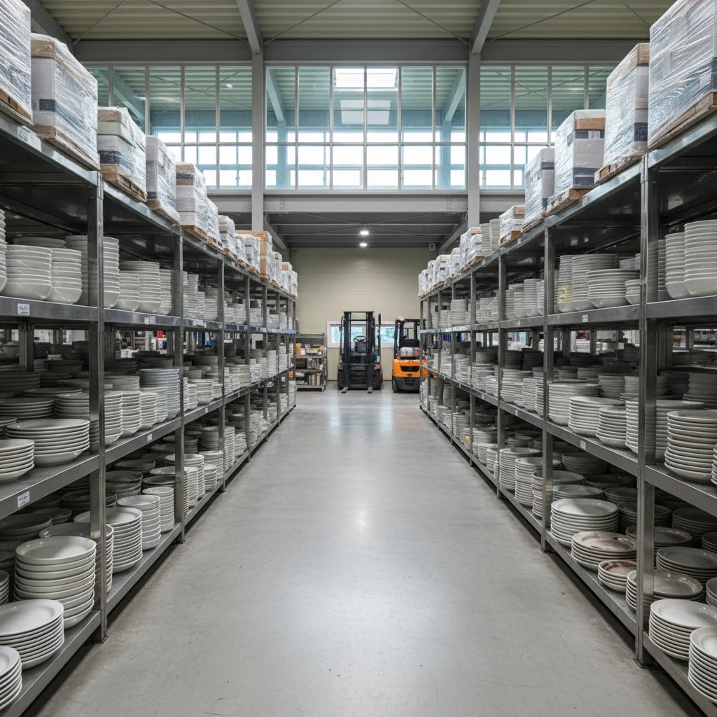 깔끔하게 정리된 중고 그릇 창고