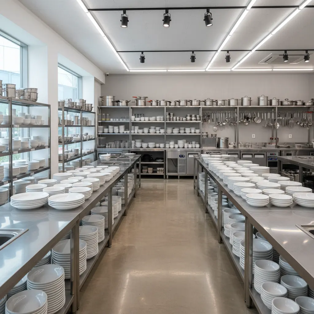 깔끔하게 정리된 중고 그릇 매장