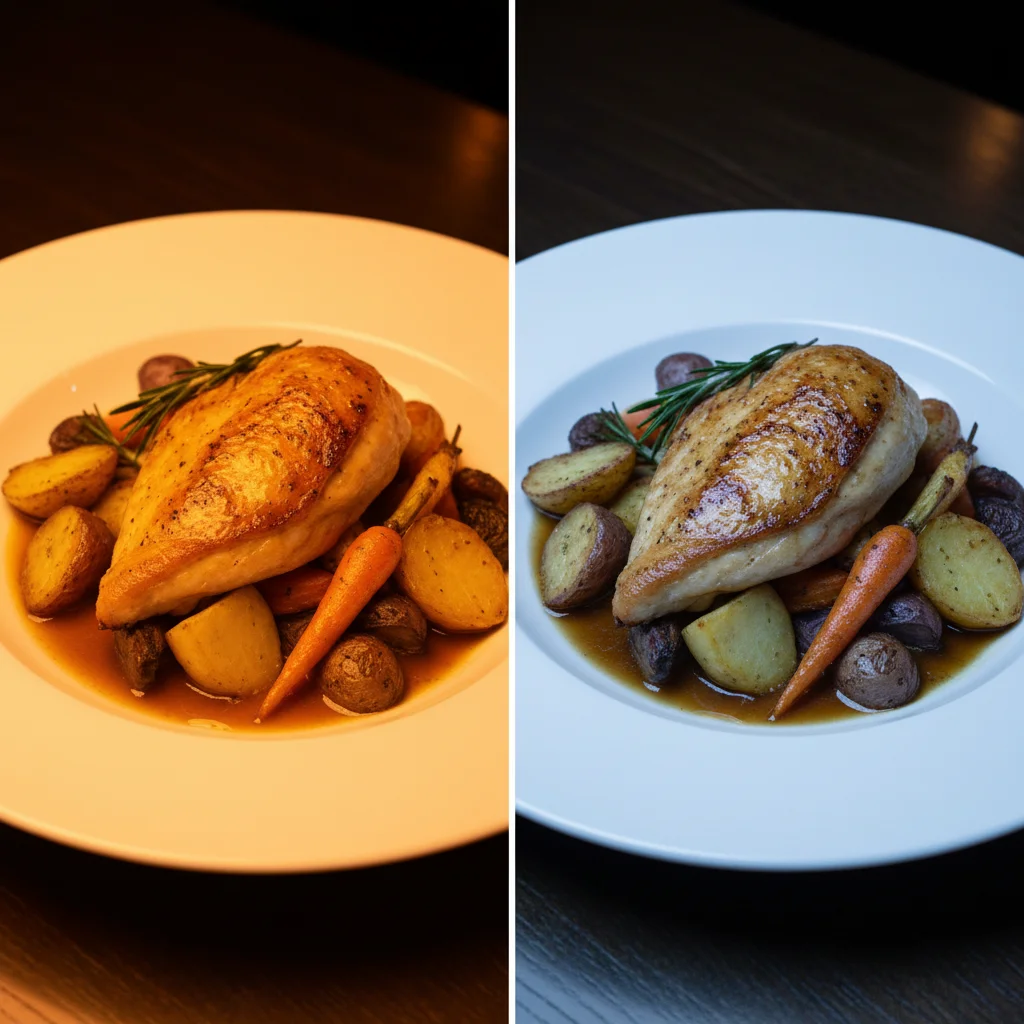 조명에 따른 접시 색감 차이