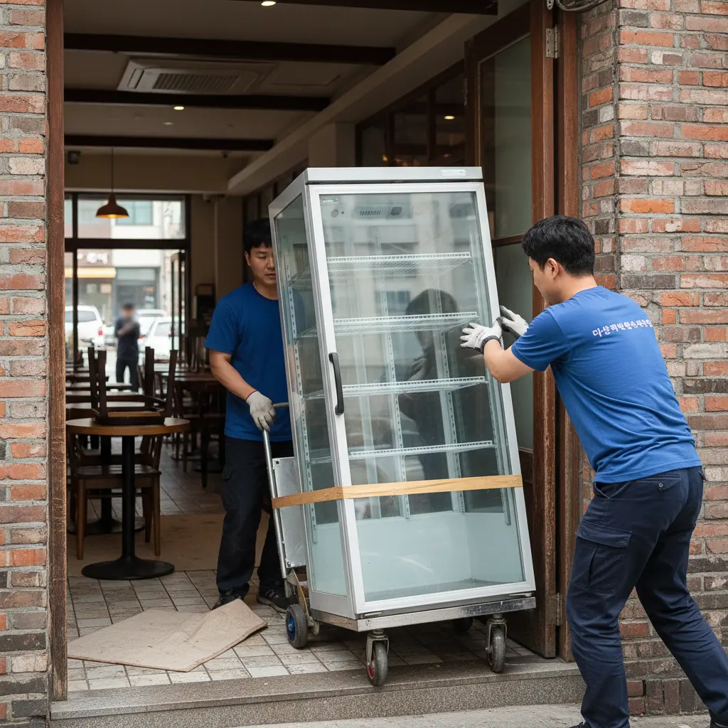 쇼케이스매입 - 좁은 문 통과하는 쇼케이스 반출