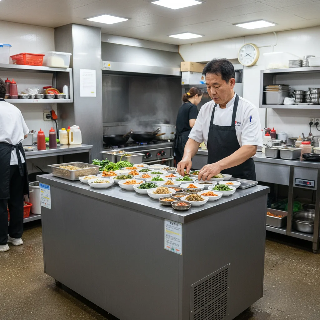 제주도테이블냉동고 - 제주 식당 주방의 테이블 냉동고 활용 모습