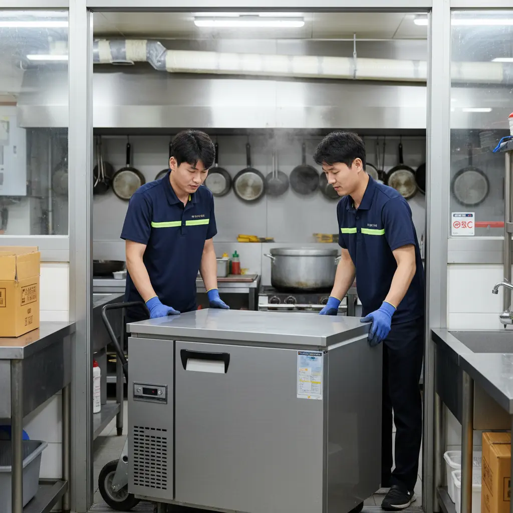 제주도테이블냉동고 - 주방 내부까지 안전하게 설치하는 모습