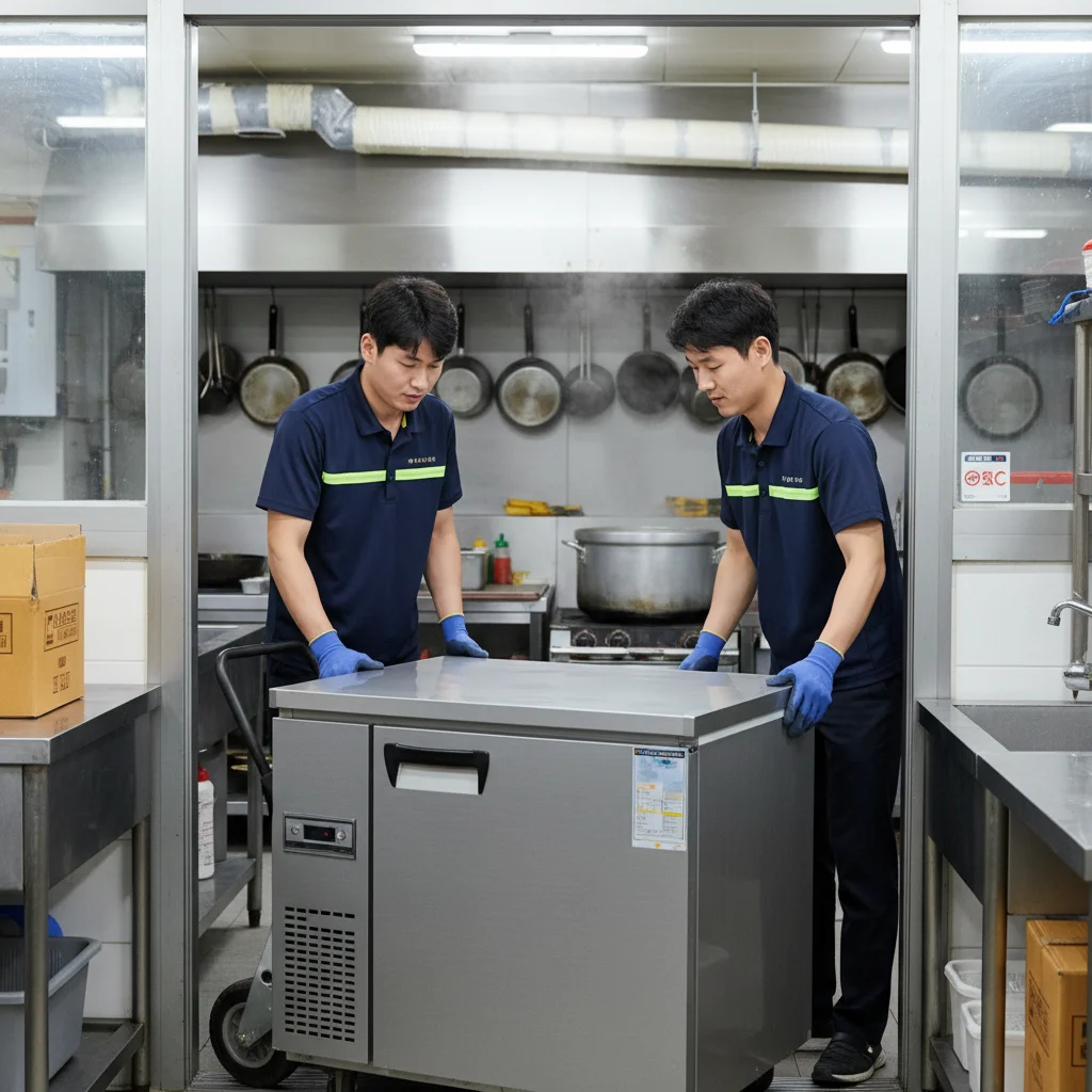 제주도테이블냉동고 - 주방 내부까지 안전하게 설치하는 모습