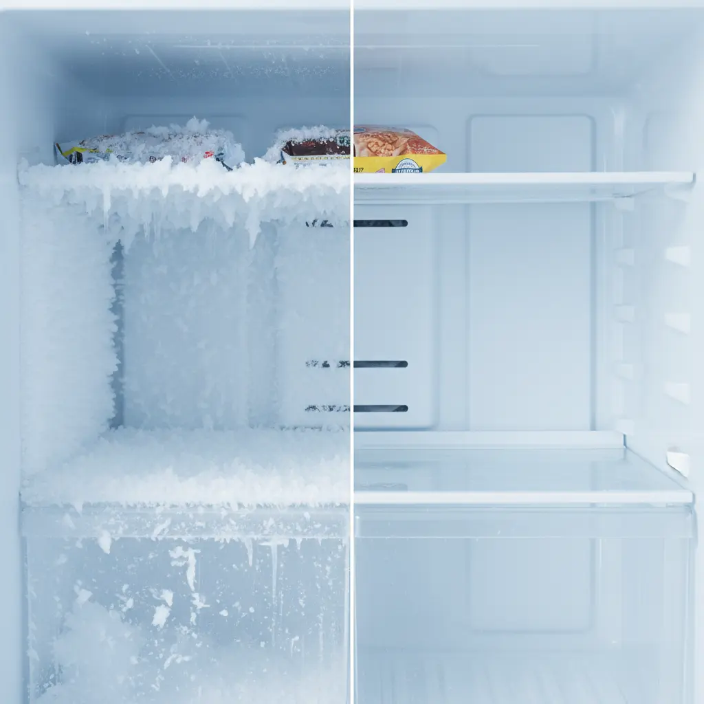 제주도테이블냉동고 - 성에가 낀 직냉식과 깔끔한 간냉식 내부 비교