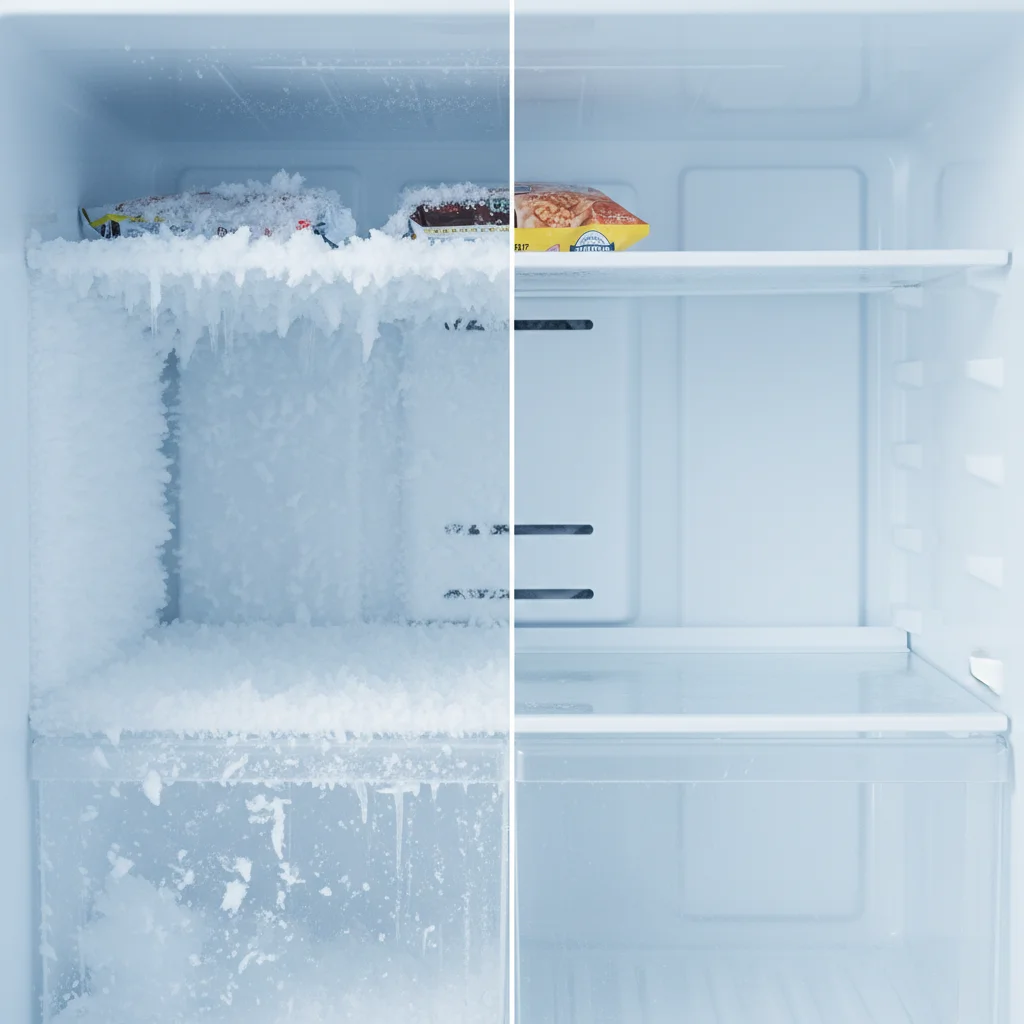 제주도테이블냉동고 - 성에가 낀 직냉식과 깔끔한 간냉식 내부 비교
