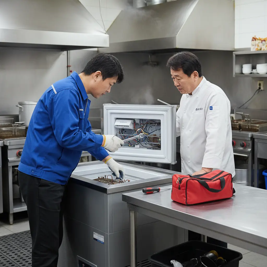 제주도테이블냉동고 - 현장에서 바로 수리받는 AS 전문가의 모습