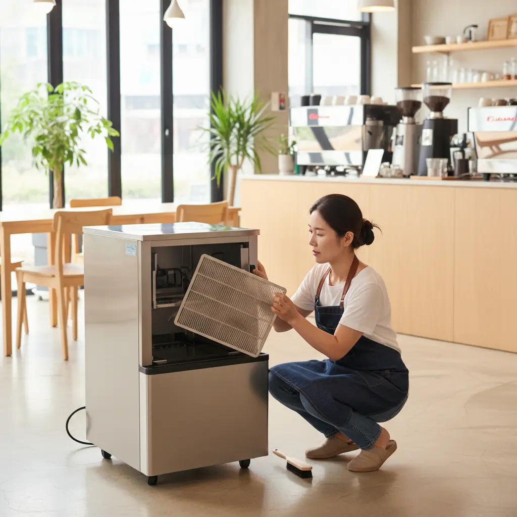 호시자키제빙기청소 - 제빙기 먼지 필터 점검하는 카페 사장님