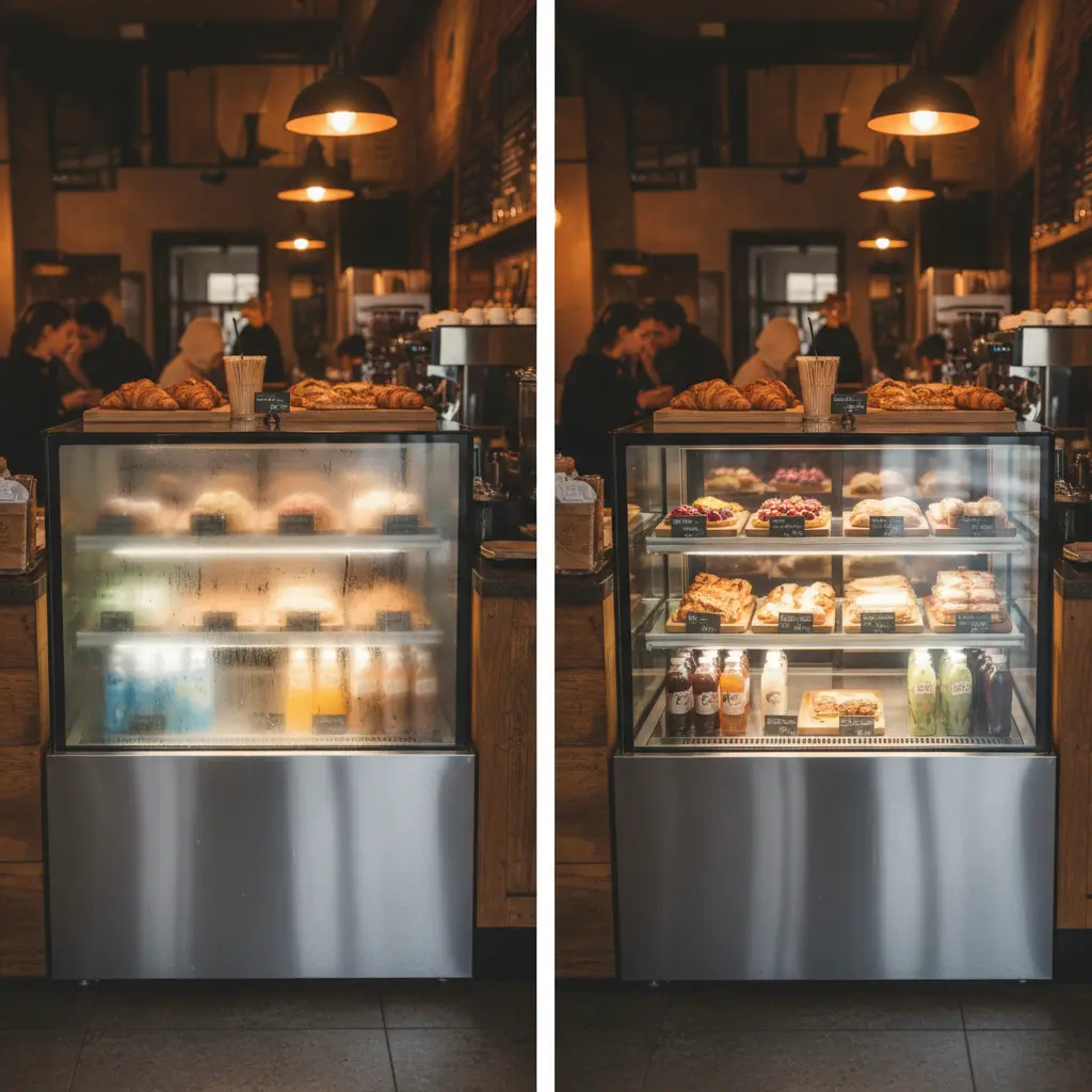 디저트뒷문쇼케이스 - 결로 유무의 차이