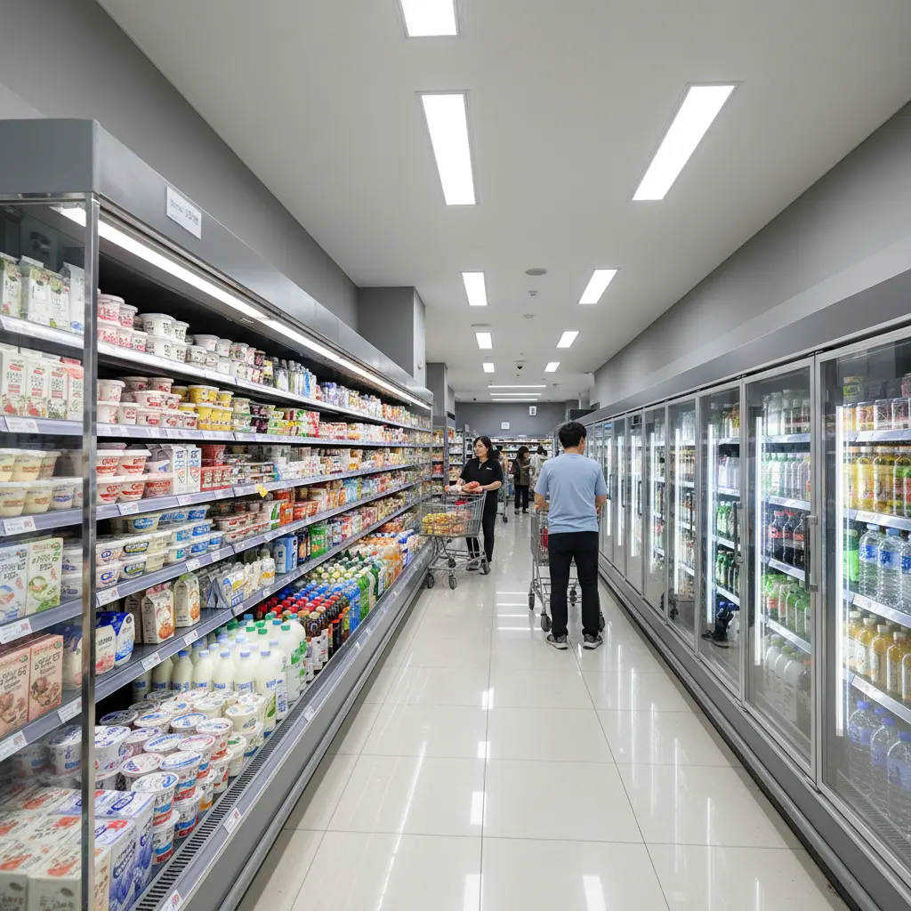 마트용냉장고추천 - 오픈형과 도어형 쇼케이스가 배치된 마트 내부 전경