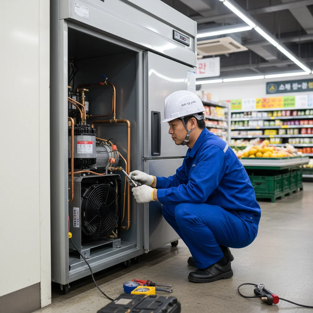 마트용냉장고추천 - 전문 기사의 마트 쇼케이스 설치 및 점검 현장