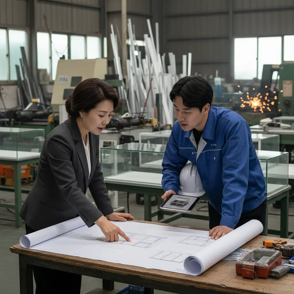 마트용진열장맞춤제작 - 제작 업체와 도면 상담하는 모습