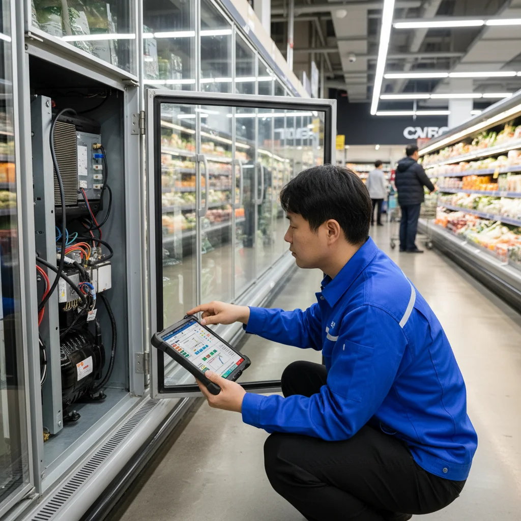 마트용알루미늄쇼케이스업체추천 - 전문 기사의 정기 점검 및 콤프레셔 확인 모습