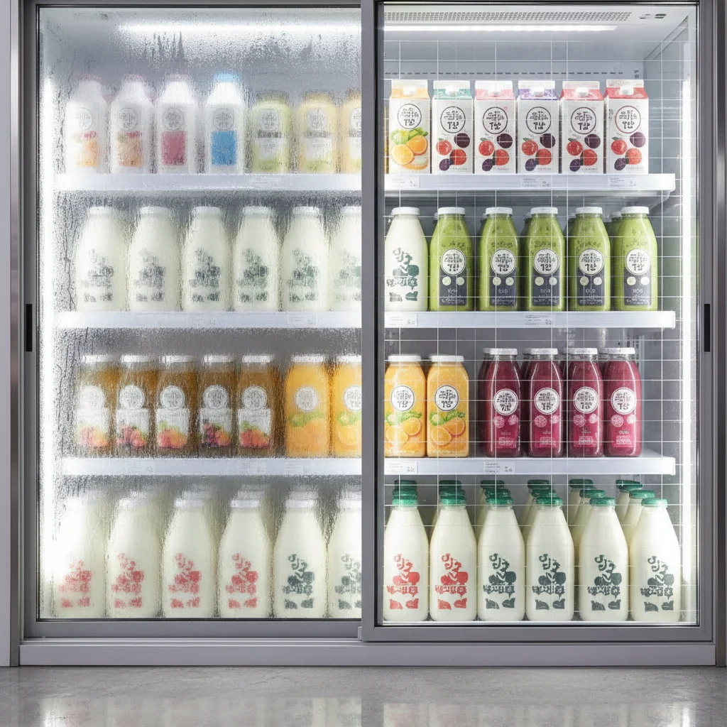 마트용뒷문쇼케이스맞춤제작 - 일반 유리 vs 결로 방지 유리 비교