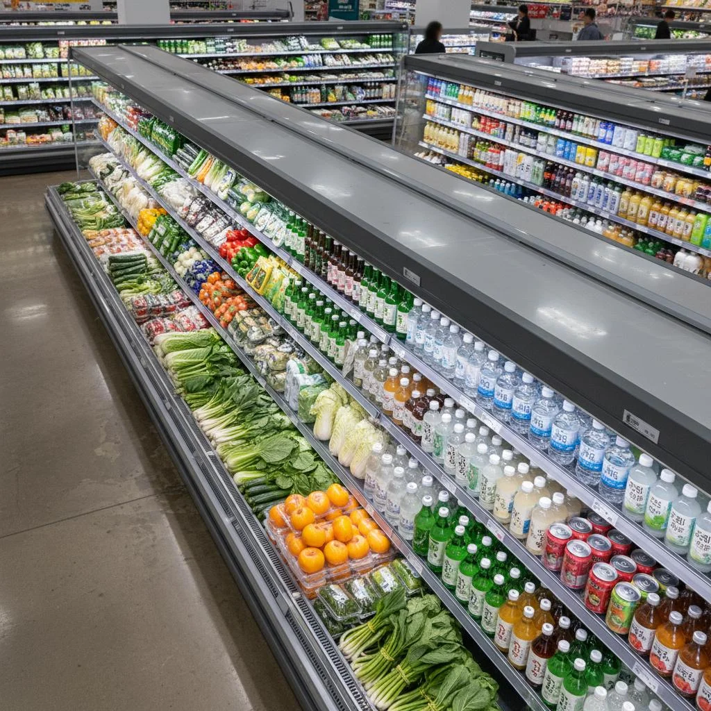 마트용오픈다단쇼케이스견적문의 - 마트용 오픈 다단 쇼케이스 설치 예시