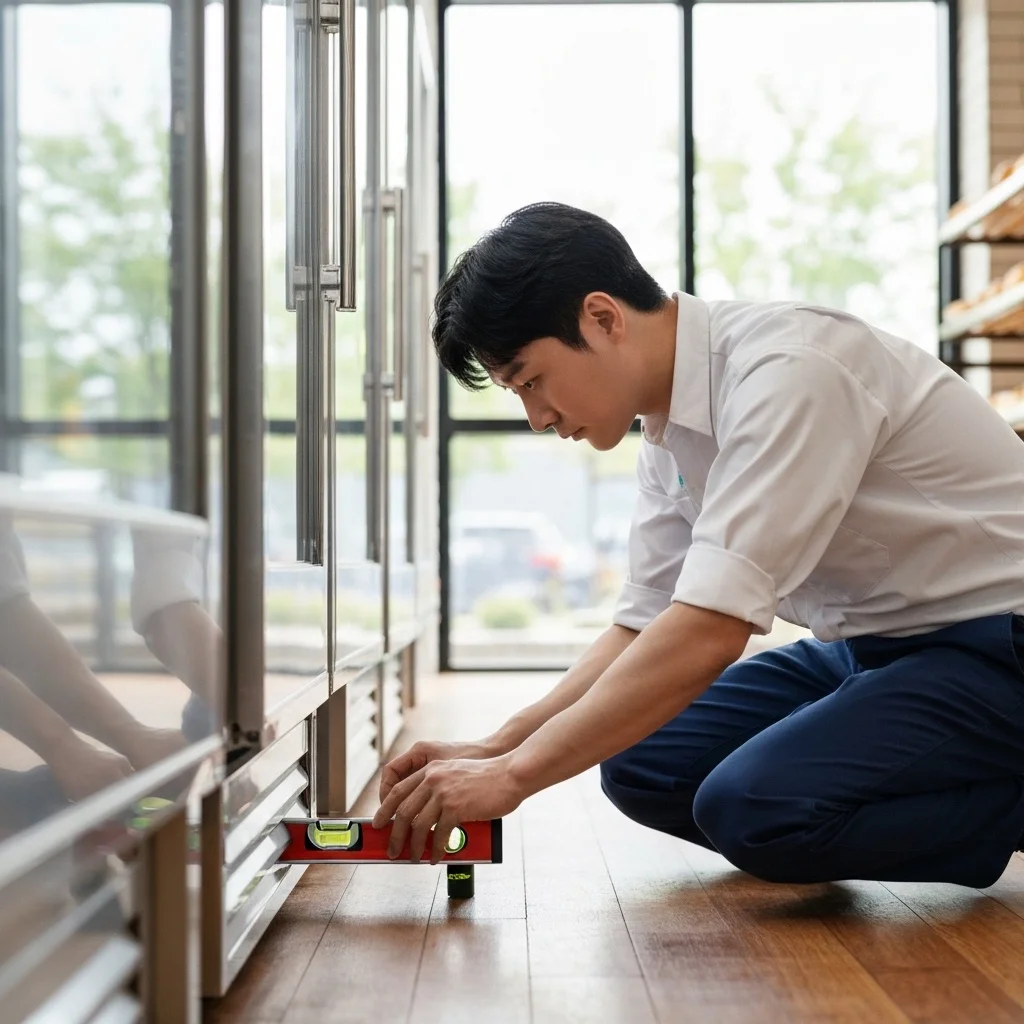 냉장용냉장고설치 - 정밀_수평_조절_작업
