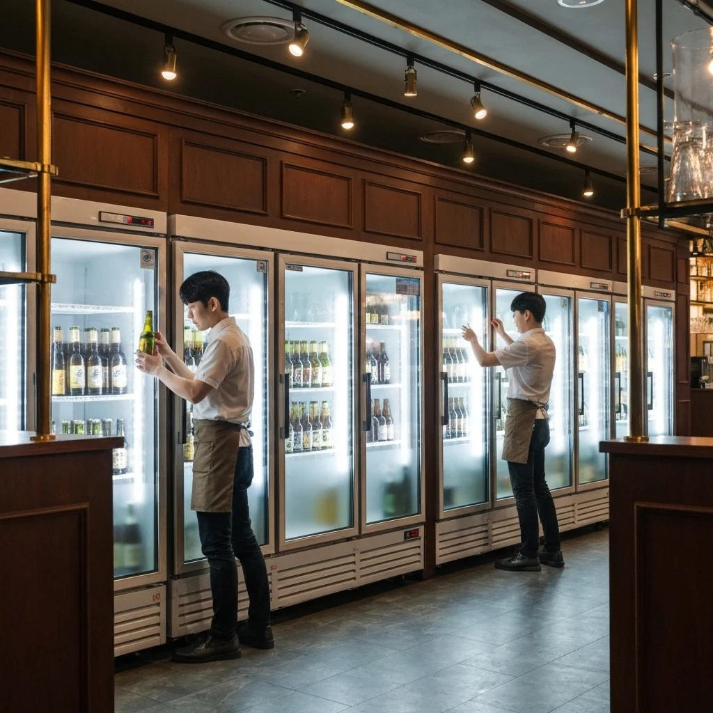 펍용냉장쇼케이스싼곳 - 세련된_펍_내부_냉장고_배치