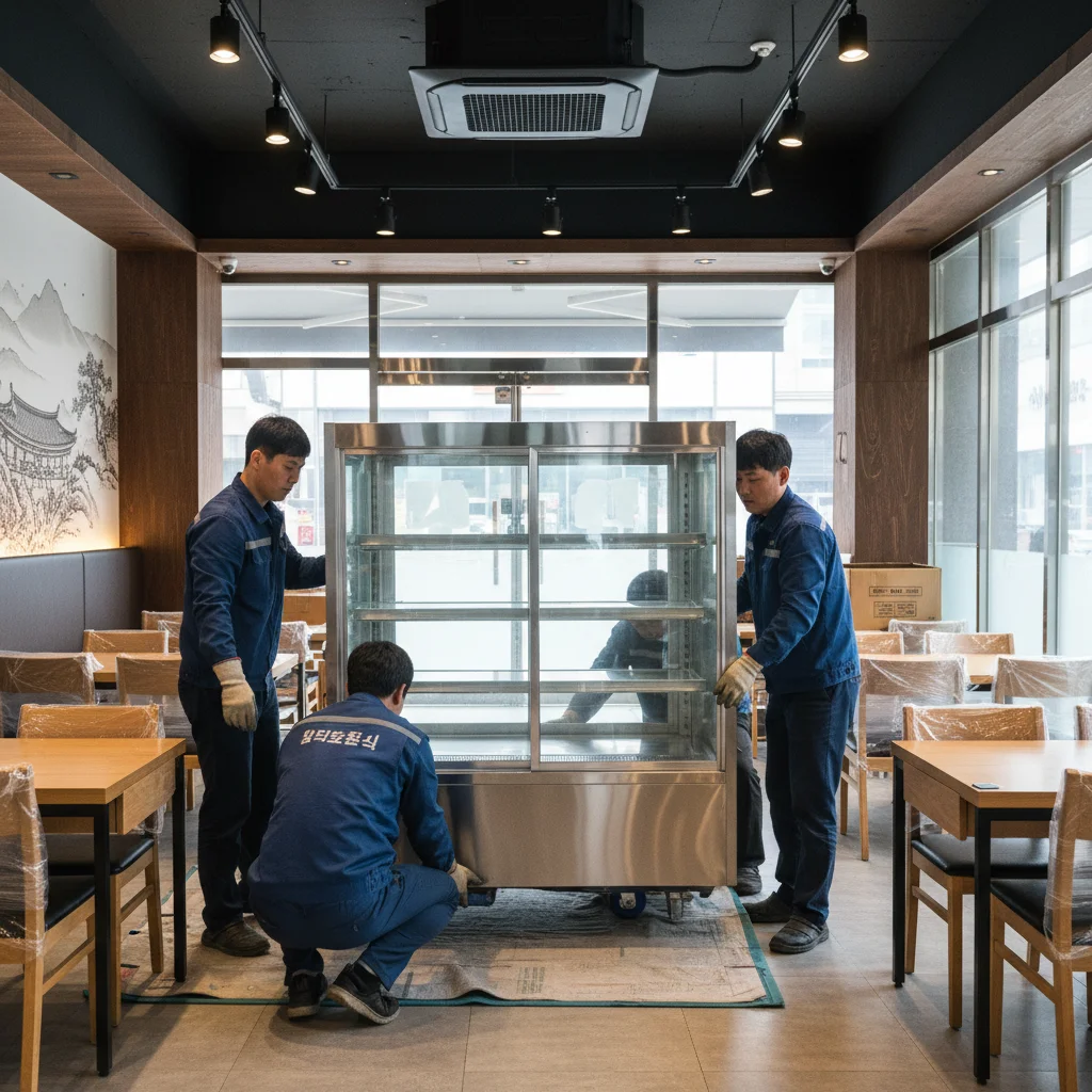 맥주보관용앞문쇼케이스견적문의 - 전문_설치_팀의_작업_모습