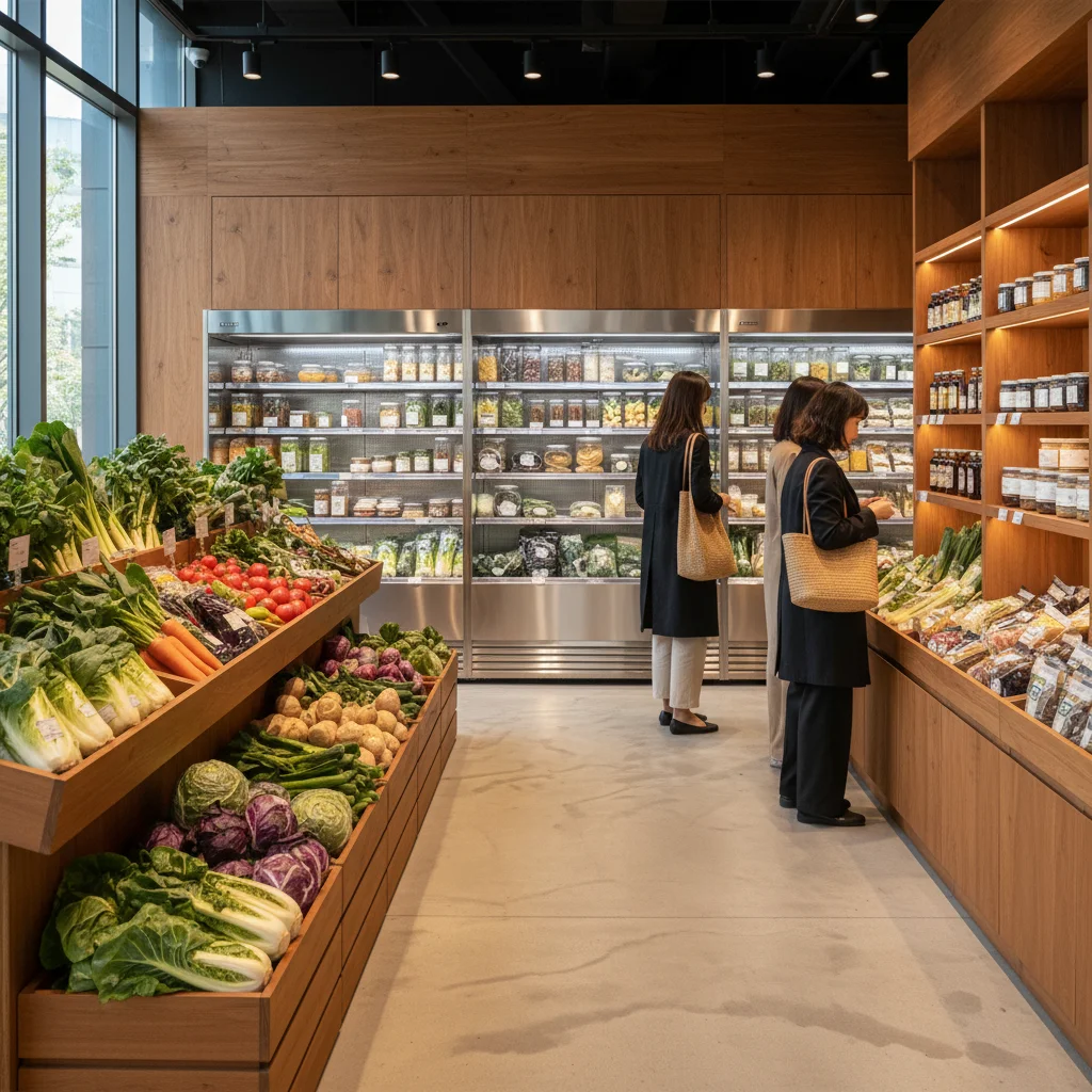 야채용알루미늄쇼케이스견적문의 - 세련된_매장_인테리어_조화