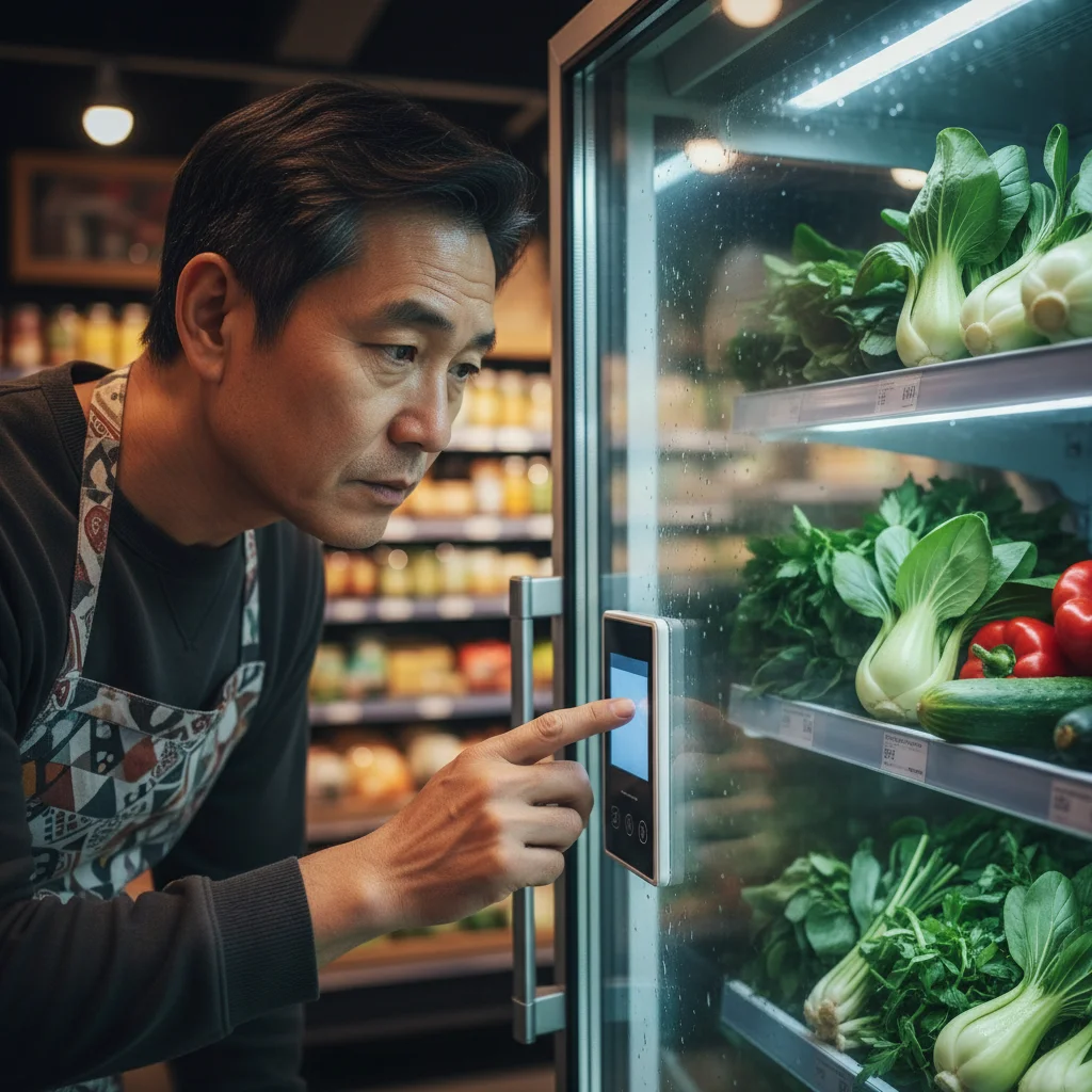 야채용오픈다단쇼케이스맞춤제작 - 온도 및 습도 조절 컨트롤러 확인