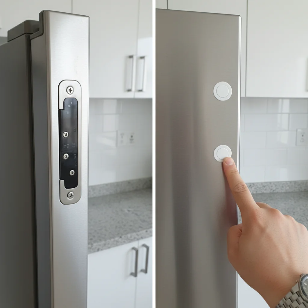 냉장고문달기 - 반대편에 나사 구멍 캡이 있다면 문 방향 변경이 가능합니다.