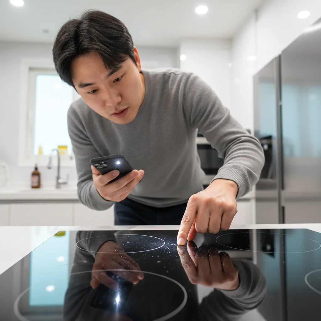 중고인덕션 - 휴대폰 플래시로 상판 실금을 확인하는 모습