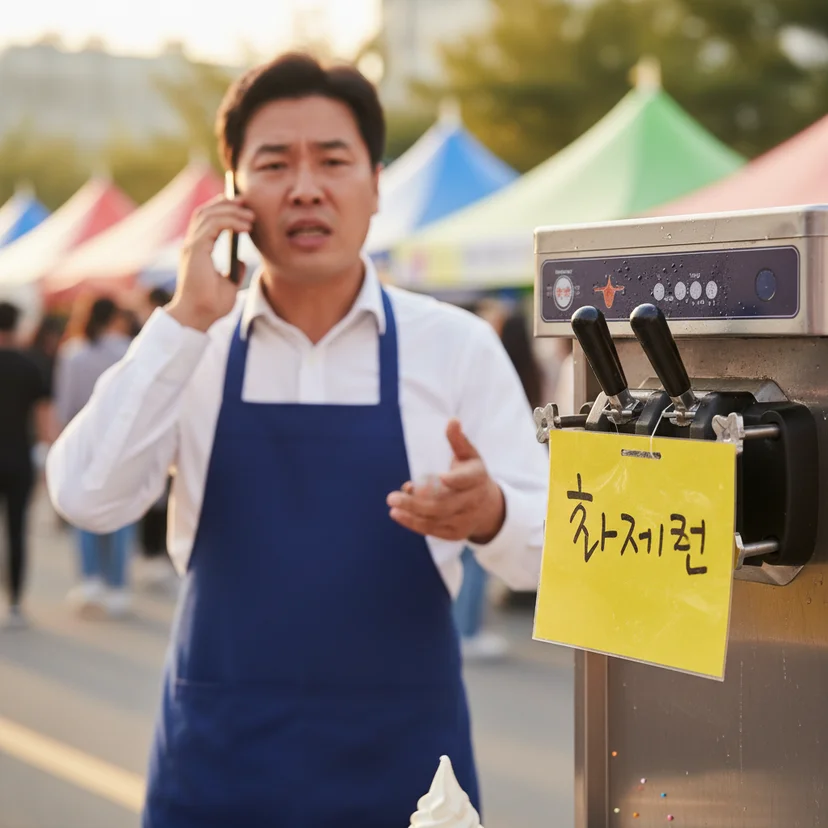 아이스크림대여 - 예기치 못한 기계 고장은 행사의 흐름을 끊습니다