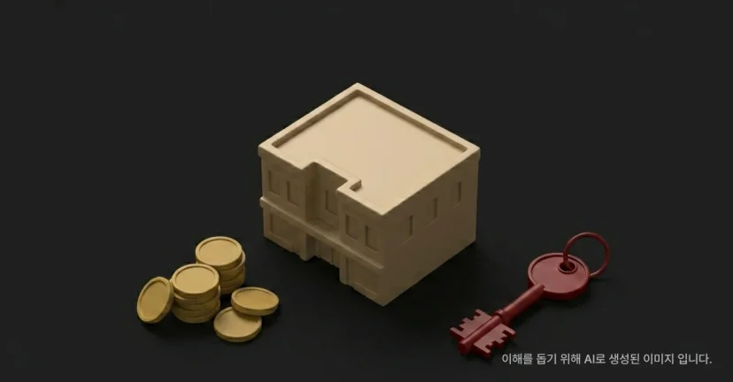 상가임대료인상을 표현하고자 하는 돈 건물 열쇠 이미지
