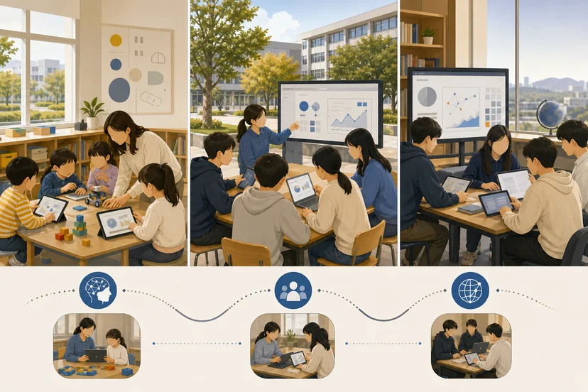 초등학교부터 고등학교까지 여러 교과에서 인공지능을 배우고 활용하는 학교 교육 생태계 콘셉트