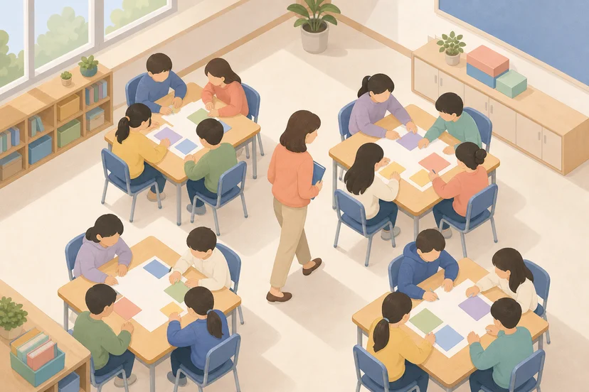 교실에서 학생들의 활동 과정을 관찰하는 과정 중심 평가를 표현한 일러스트