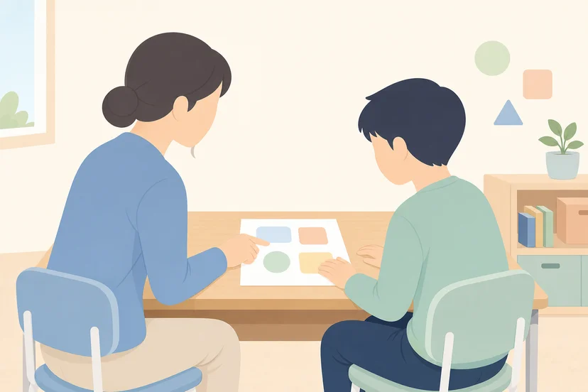 교사가 학생과 결과물에 대해 확인 질문을 주고받는 장면 일러스트