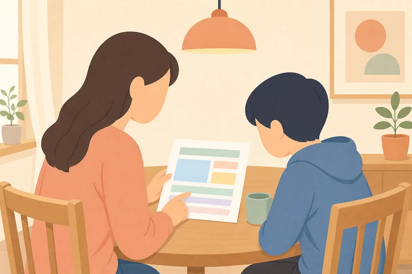 식탁에서 학부모와 학생이 학교 안내문을 함께 보며 대화하는 일러스트