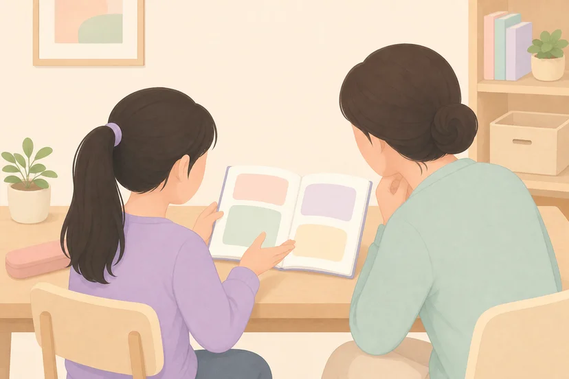 학생이 자신의 과제 과정을 설명하고 어른이 경청하는 일러스트