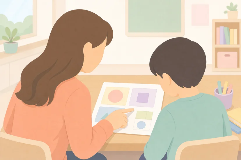 교사가 학생의 활동지를 보며 대화하는 장면 일러스트