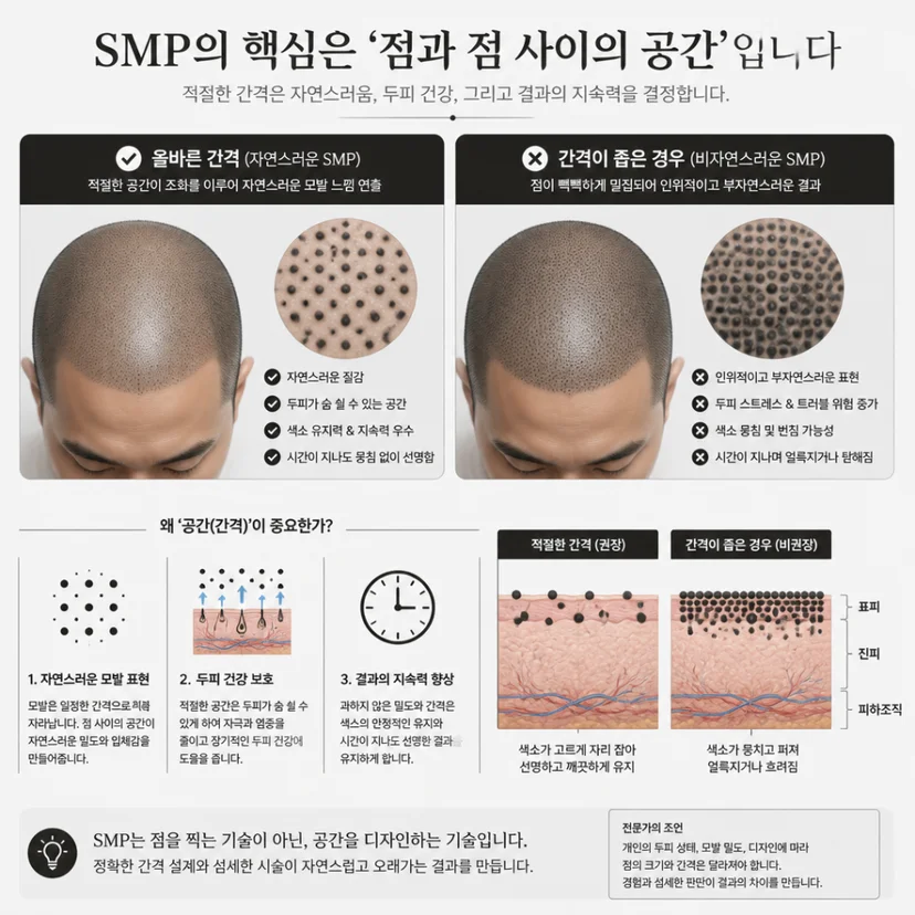 두피문신 점 간격 비교 인포그래픽 — 올바른 간격의 자연스러운 SMP와 간격이 좁은 경우의 색소 뭉침·번짐 차이 (도트락)