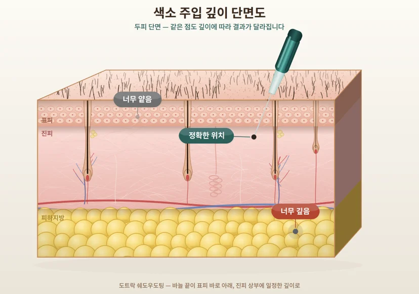 색소 주입 깊이 단면도 인포그래픽 — 표피 아래 진피 상부에 일정한 깊이로 색소를 얹는 도트락 쉐도우도팅 도식, 깊이 관리가 번짐과 변색을 가르는 이유