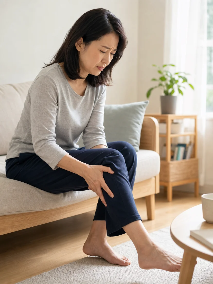 잠자리에 누워 다리 불편감 때문에 자세를 바꾸는 하지불안증후군 환자 상황