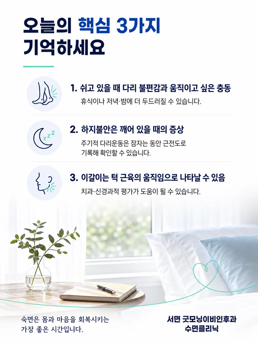 하지불안증후군 진료 전 증상 시간대와 완화 행동을 기록하는 실용 요약