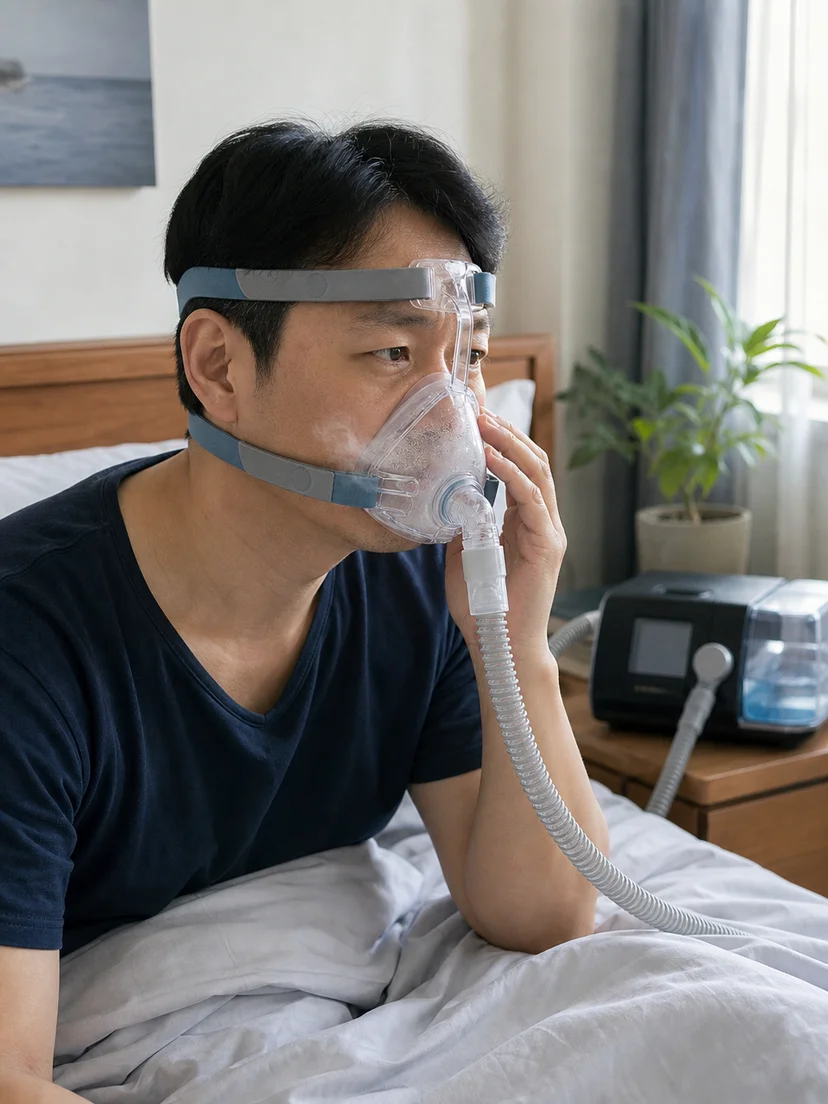 수면 중 마스크 누출과 호스 결로 및 피부 압박을 구분하는 사용 장면