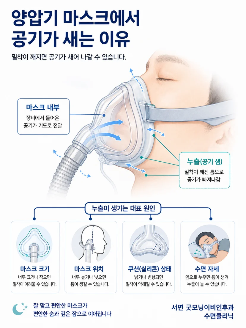 양압기 마스크 쿠션과 얼굴 사이의 틈에서 공기가 새는 원리