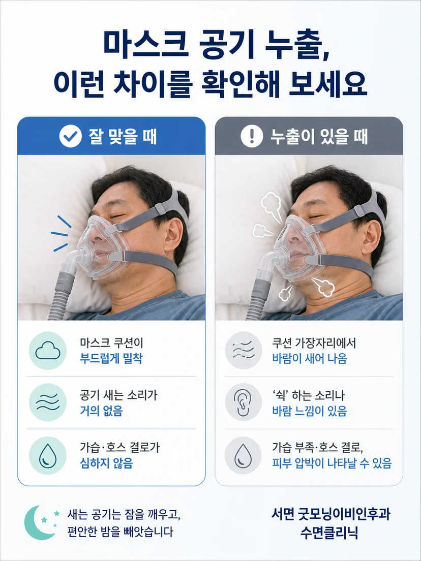양압기 마스크의 정상 배기 흐름과 비정상적인 가장자리 누출 비교