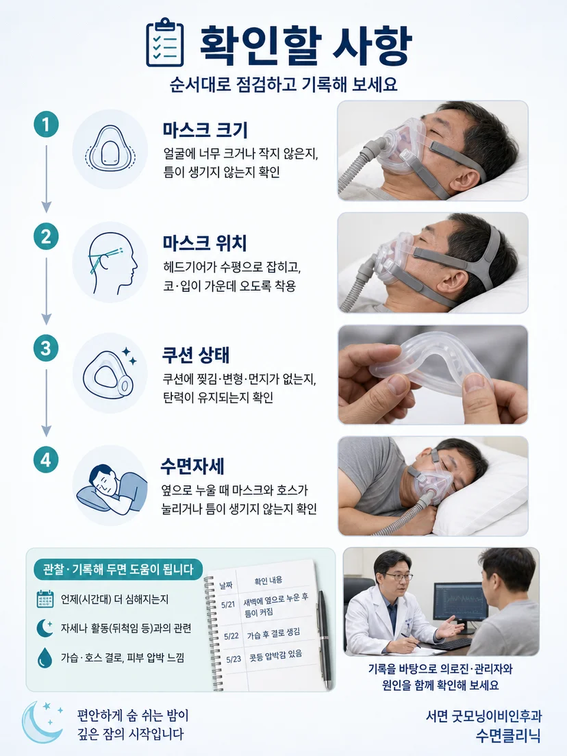 진료 상담에서 양압기 마스크 크기와 착용 상태를 확인하는 과정