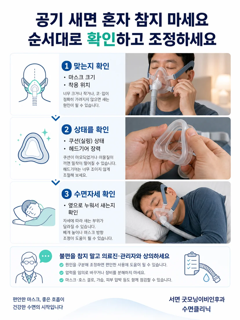 양압기 마스크의 크기 위치 쿠션 수면 자세를 순서대로 점검하는 방법
