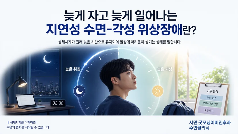 지연성 수면-각성 위상장애에서 늦어진 취침과 기상 시각을 보여주는 안내 이미지