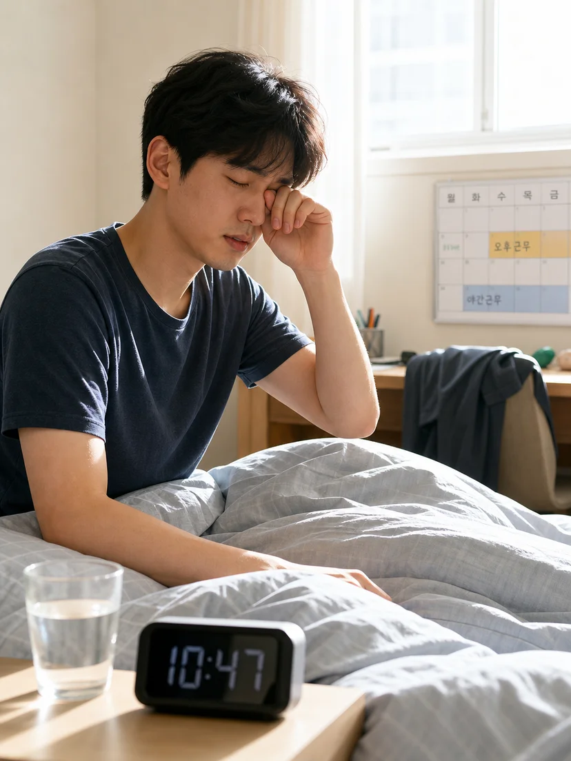 늦은 취침과 어려운 아침 기상으로 일상 일정에 지장을 받는 상황