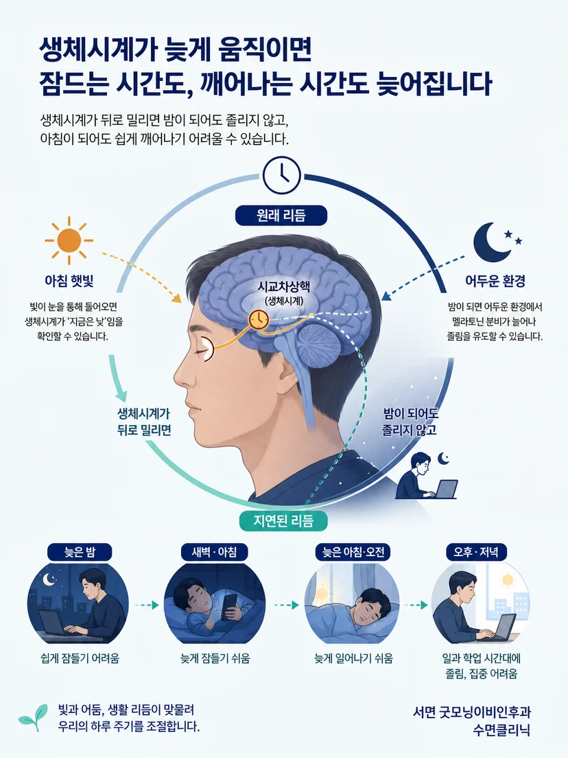 시계와 햇빛 및 어두운 환경이 생체리듬에 미치는 영향을 설명하는 이미지