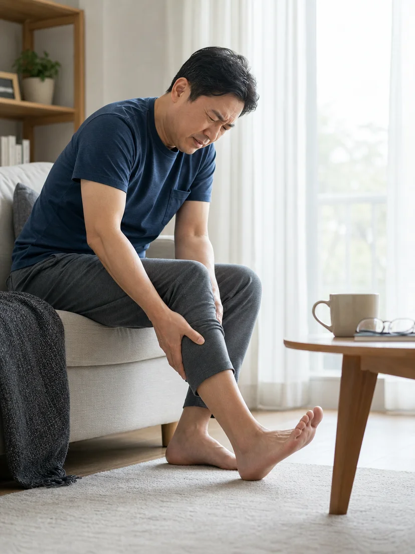 휴식하거나 잠자리에 누웠을 때 다리 불편감을 느끼는 상황을 보여주는 이미지