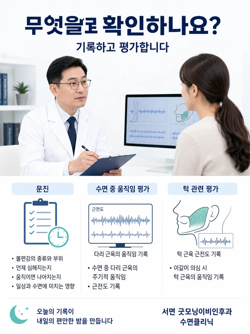 다리 증상의 시간대와 휴식 및 움직임에 따른 변화를 문진하는 평가 이미지